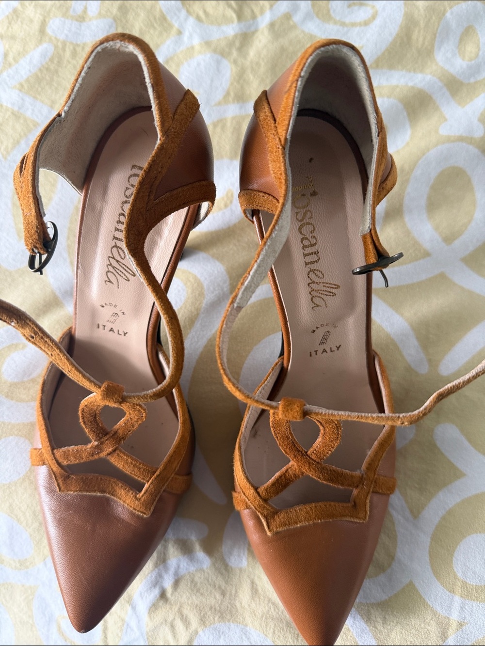 Toscanella Women's Tan Suede & Leather Pointed Ankle-Strap Heels